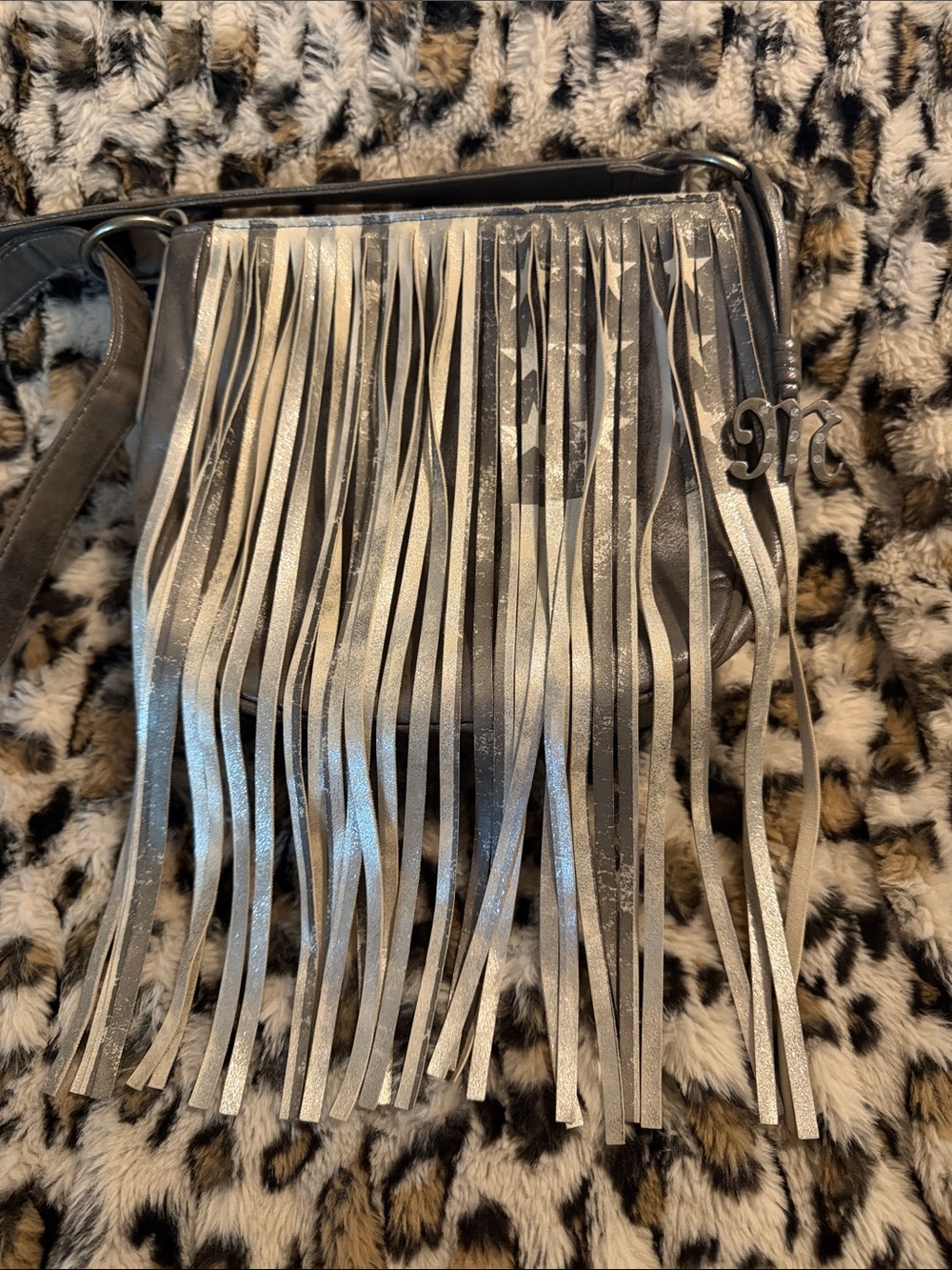Miss Me Metallic Silver Fringe flag design Crossbody Bag